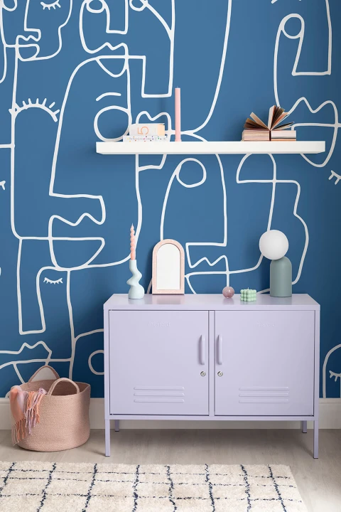 Stort blåt ansigt med stregtegning Tapetmaleri