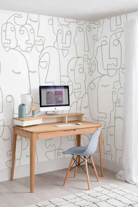 Mural Papel Pintado Perfiles de Caras Grandes Dibujadas de Color Salvia