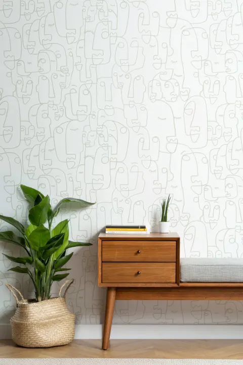 Mural Papel Pintado Perfiles de Caras Dibujadas de Color Salvia