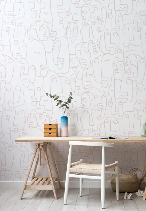 Mural Papel Pintado Perfiles de Caras Dibujadas de Color Rosa