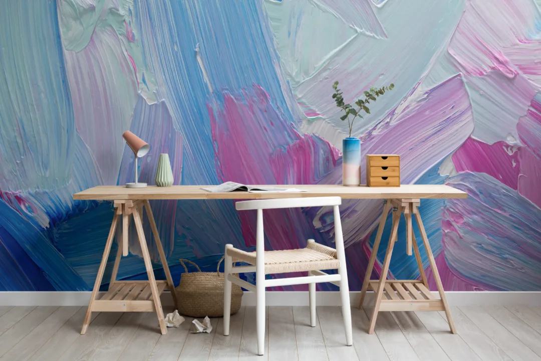 Blue & Pink Mixed Paint Brush Effect Wallpaper Mural