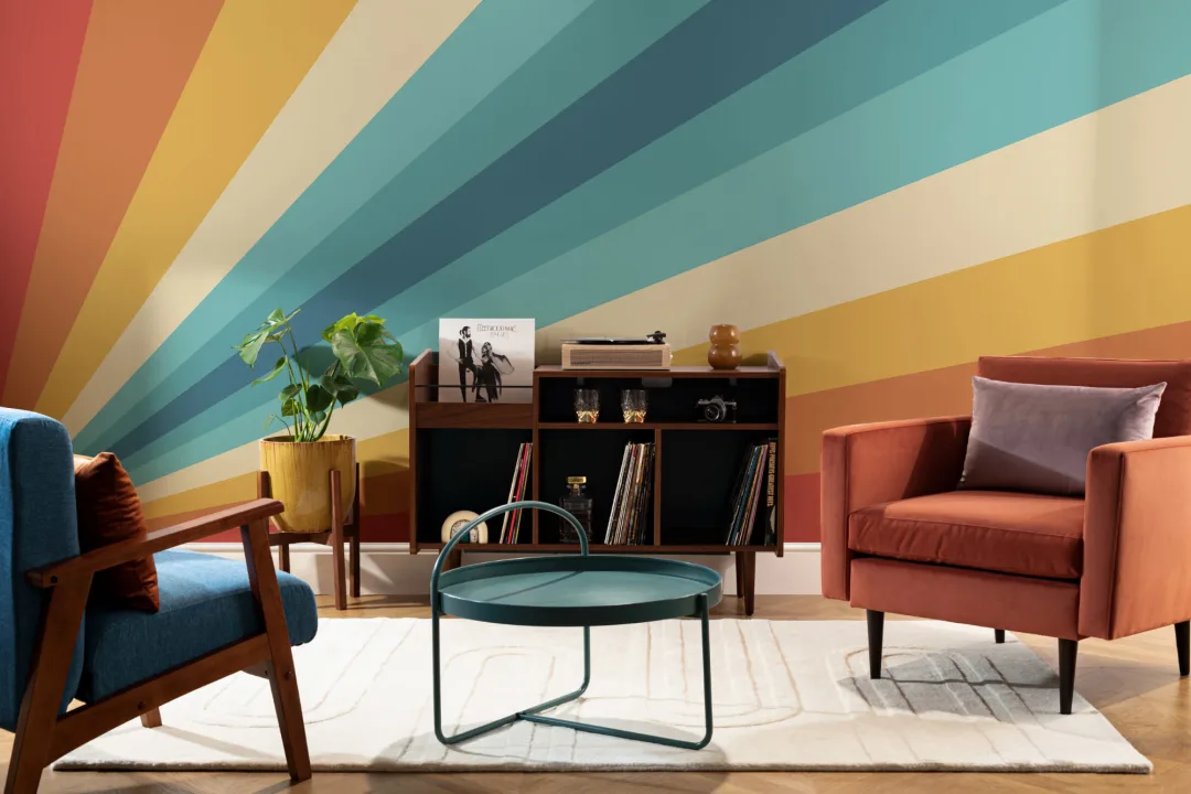 Mural Papel Pintado de los 70 con Líneas Oblicuas Multicolor