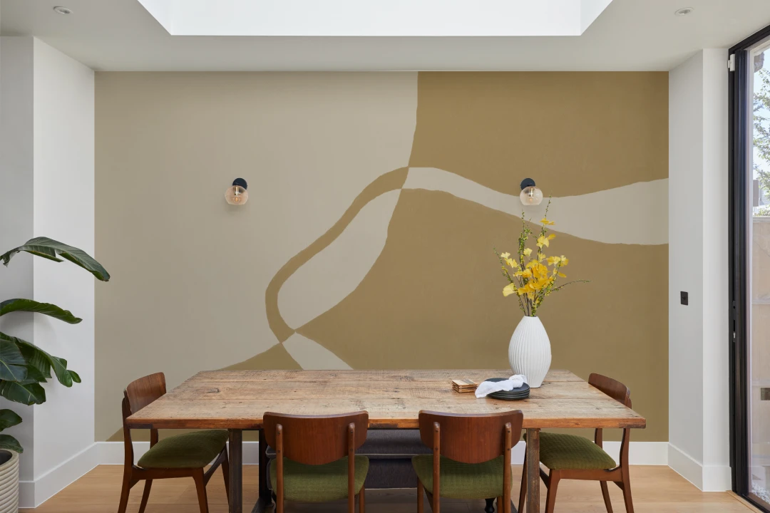 Modern Curved Form Wall Mural in Mustard and Neutral Tones