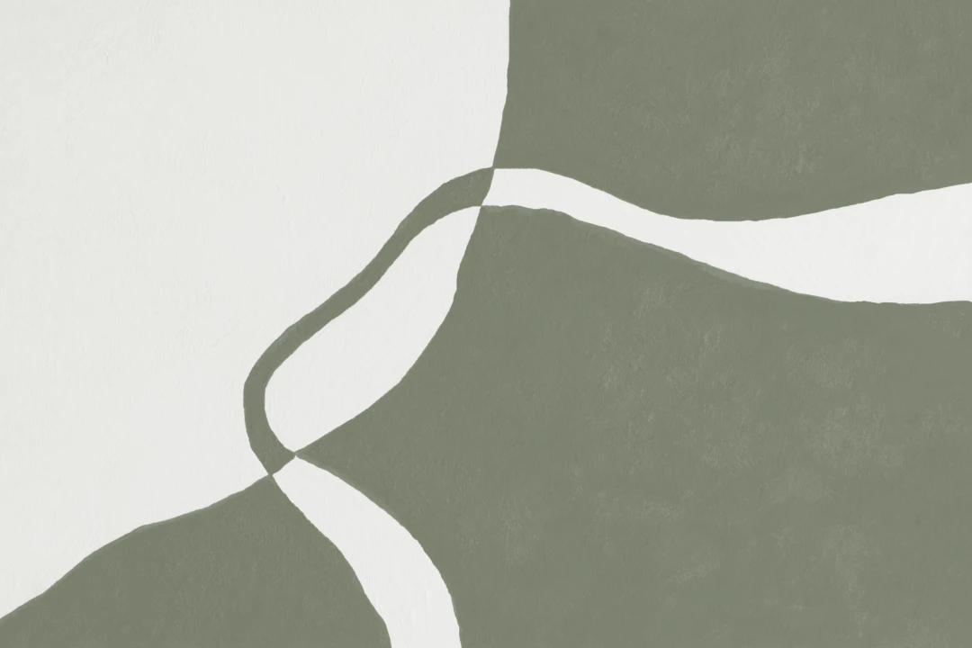 Mural de papel pintado moderno con formas curvas en tonos verdes y beige