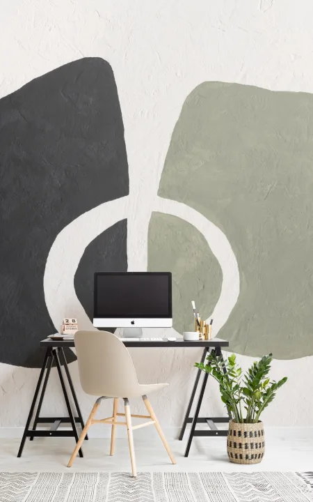 Mural de formas abstractas pintado a mano en verde oliva con textura de yeso
