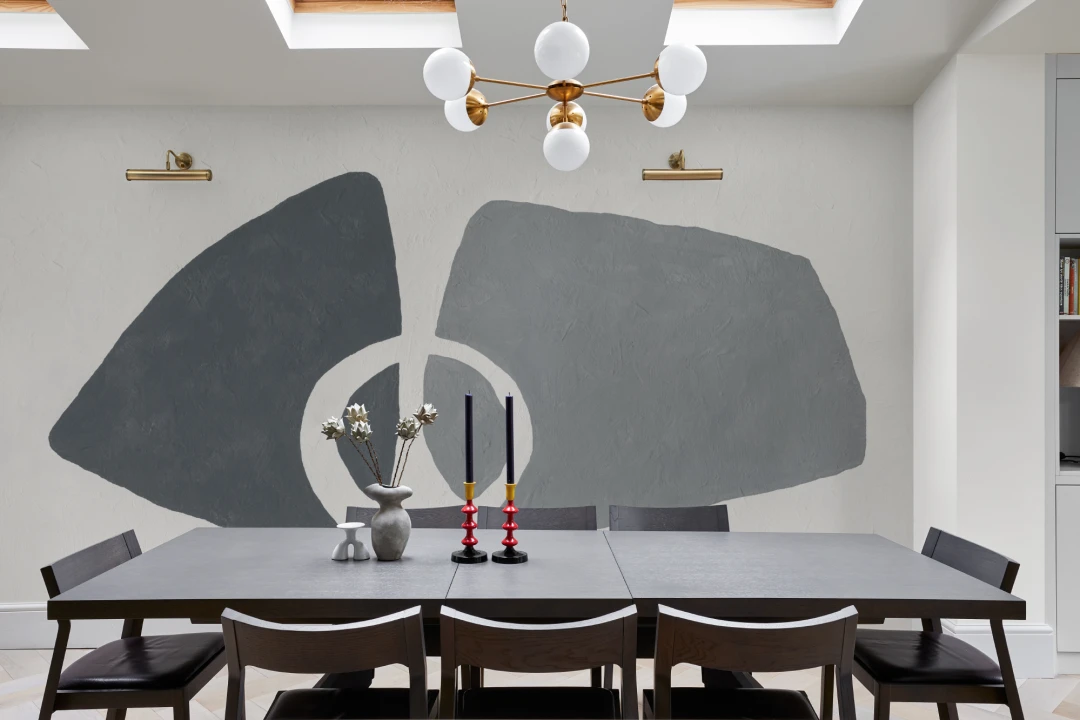 Hand-Painted Abstract Form Mural in Cool Blue with Plaster Texture