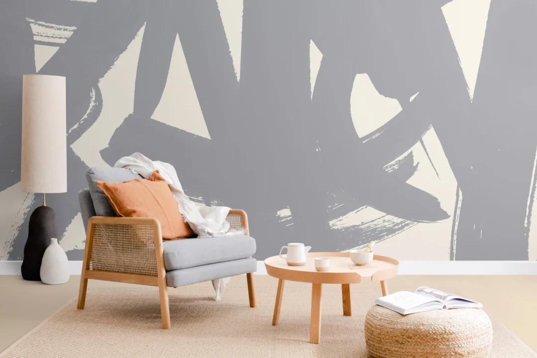 Gray Japanese Calligraphy Abstract Wallpaper Mural
