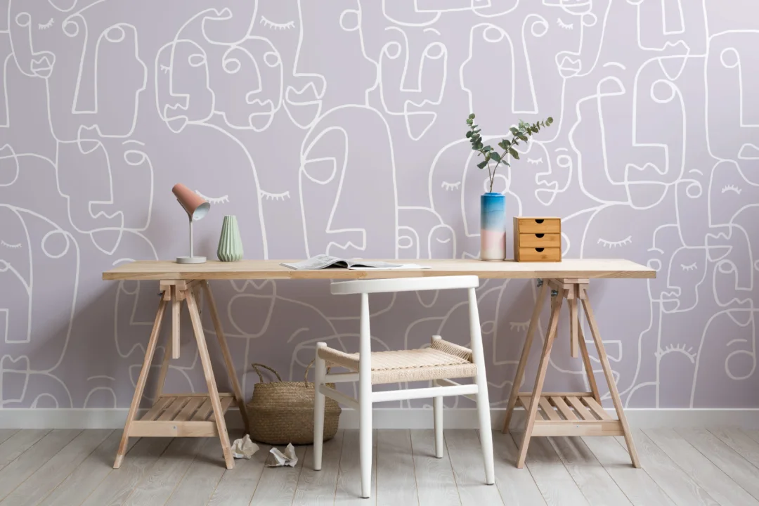 Large Lilac Face Line Drawing Wallpaper Mural