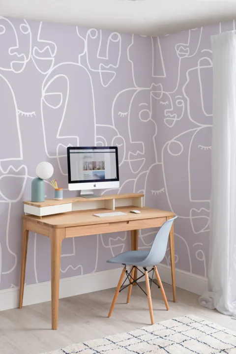 Mural Papel Pintado Lila Perfiles de Caras Grandes Dibujadas