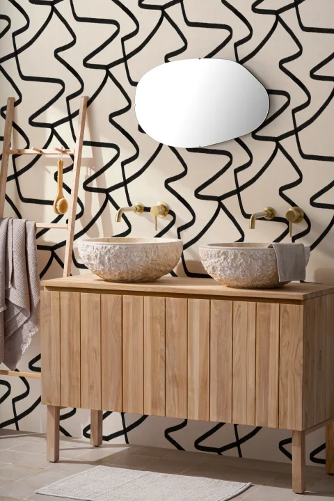 Papel Pintado Beige con Patrón de Líneas Abstractas Negras