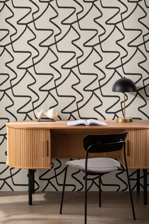 Papel Pintado Beige con Patrón de Líneas Abstractas Negras