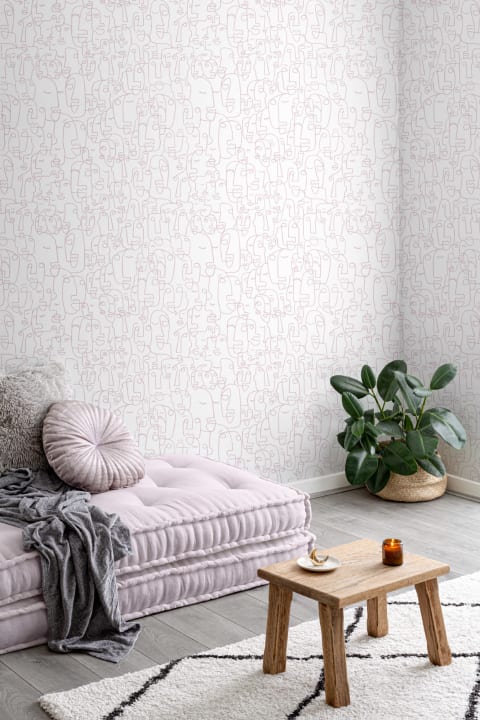 Pink Abstract Face Line Drawing Repeat Pattern Wallpaper