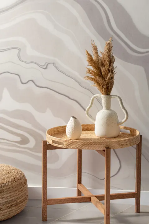 Carta da Parati Beige e Grigia Marmorizzata in Stile Arte Giapponese Suminagashi