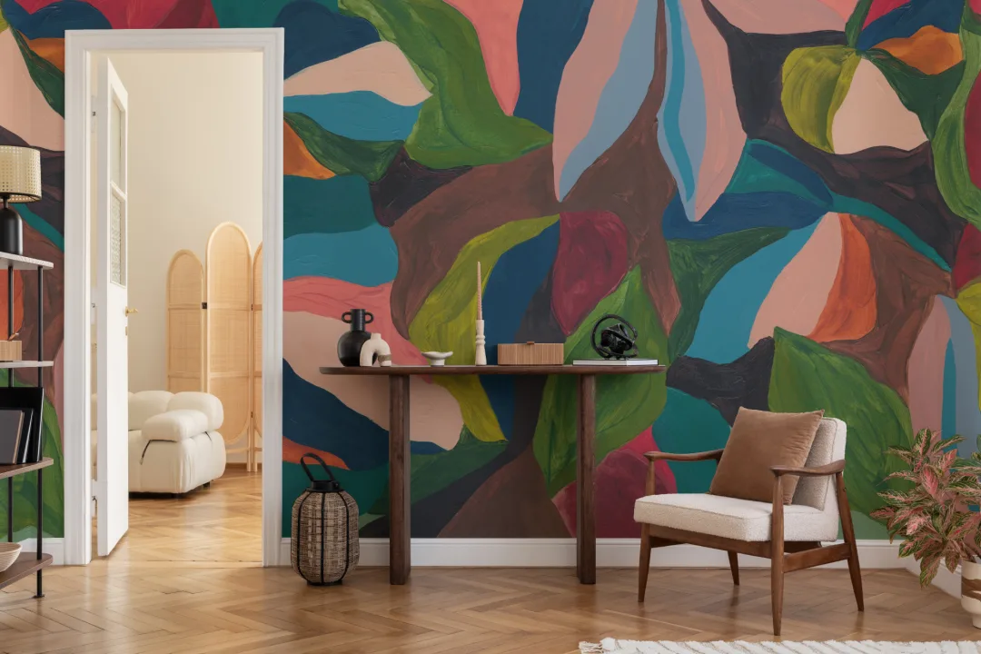 Mural de papel pintado de arte abstracto multicolor con un aire vibrante y un toque atrevido