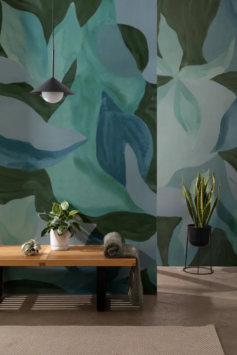 Blå botanisk mural-tapet med lugna blad