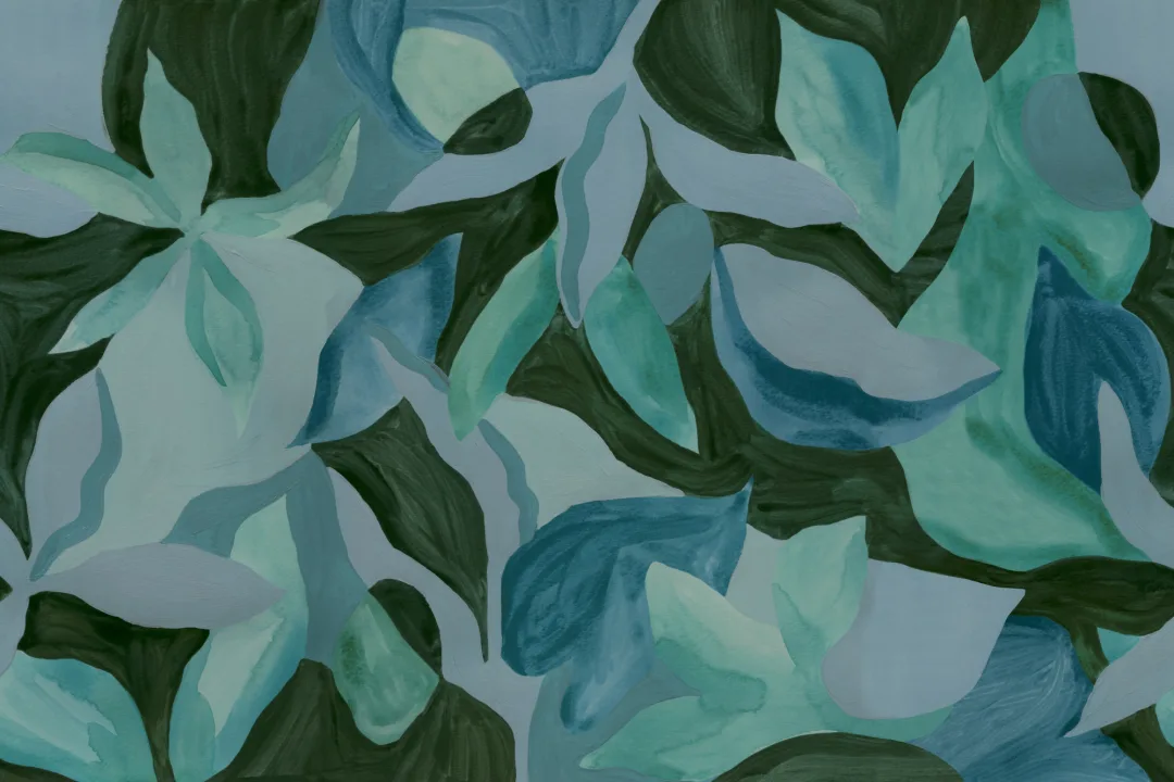 Blå botanisk mural-tapet med lugna blad