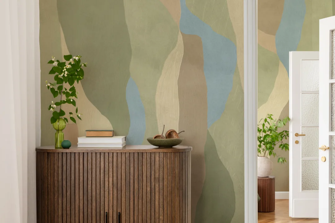 Mural abstracto moderno verde con tonos tierra relajantes