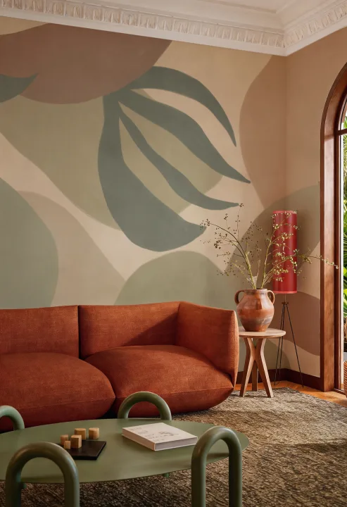 Fototapet mural cu frunze botanice abstracte multicolore în tonuri calde