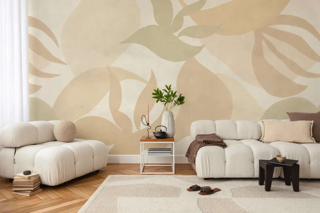 Beige abstrakt mural-tapeter i Tulum-stil för en lugn atmosfär