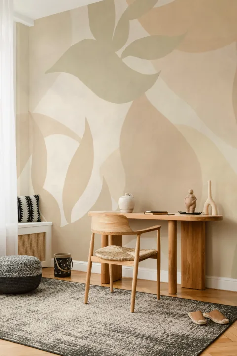 Mural abstracto estilo Tulum beige para una atmósfera tranquila