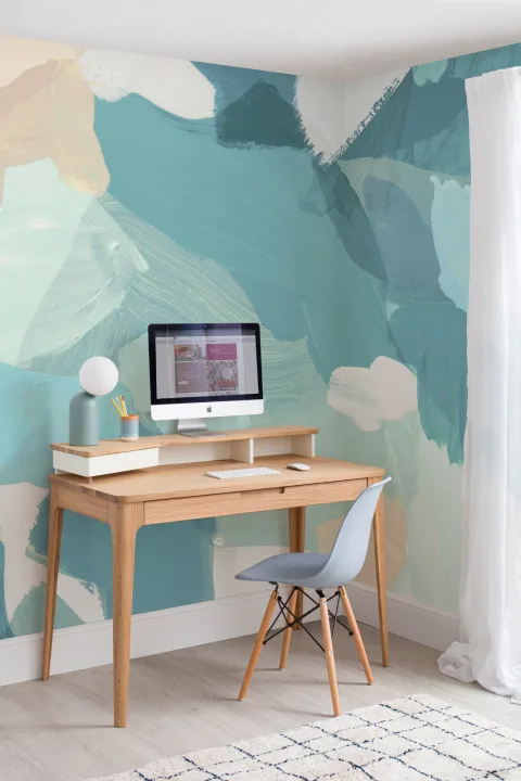 Mural de pared con arte abstracto en azul