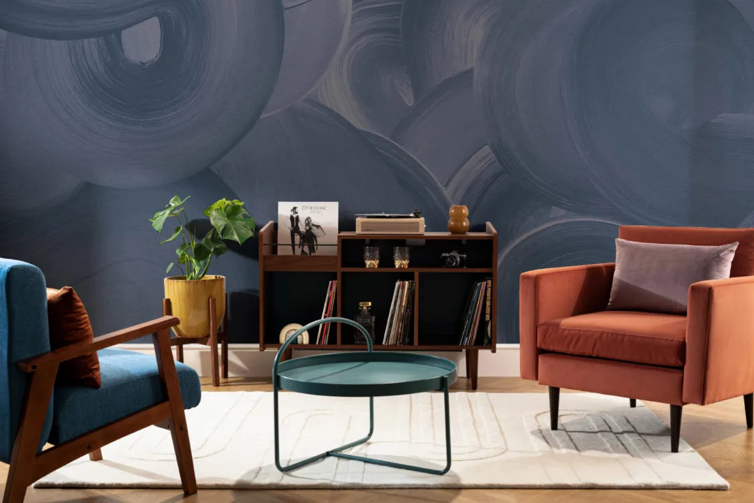 Navy Large Swirl Brush Strokes Wall Mural