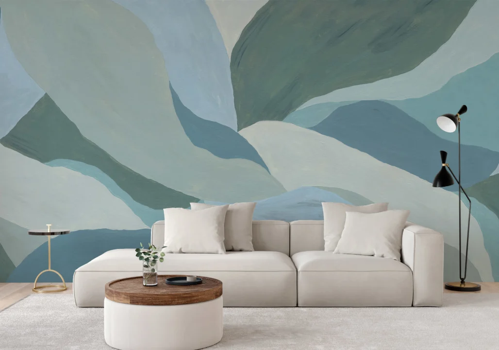 Blue Abstract Painted Leaf Mural