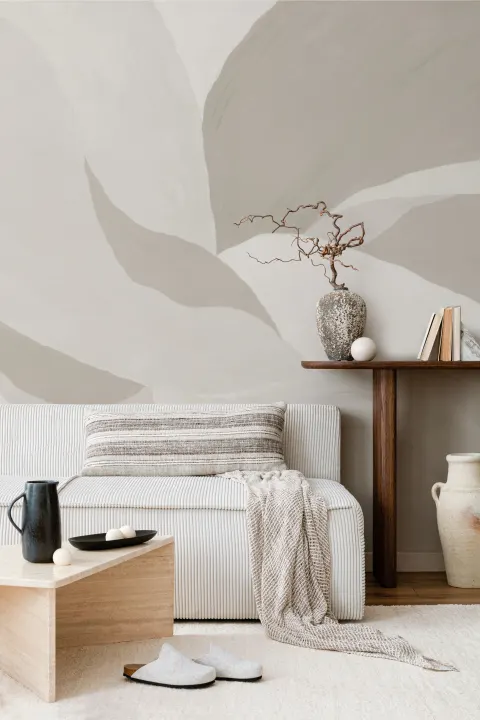 Beige Abstract Painted Leaf Mural