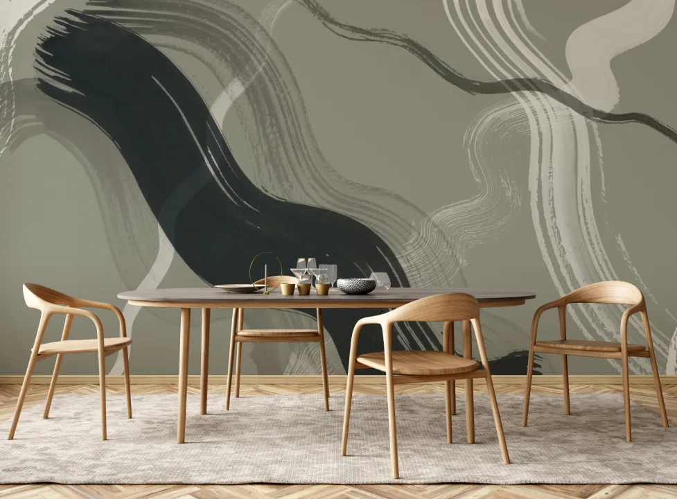 Dark Green Abstract Ink Brush Strokes Mural