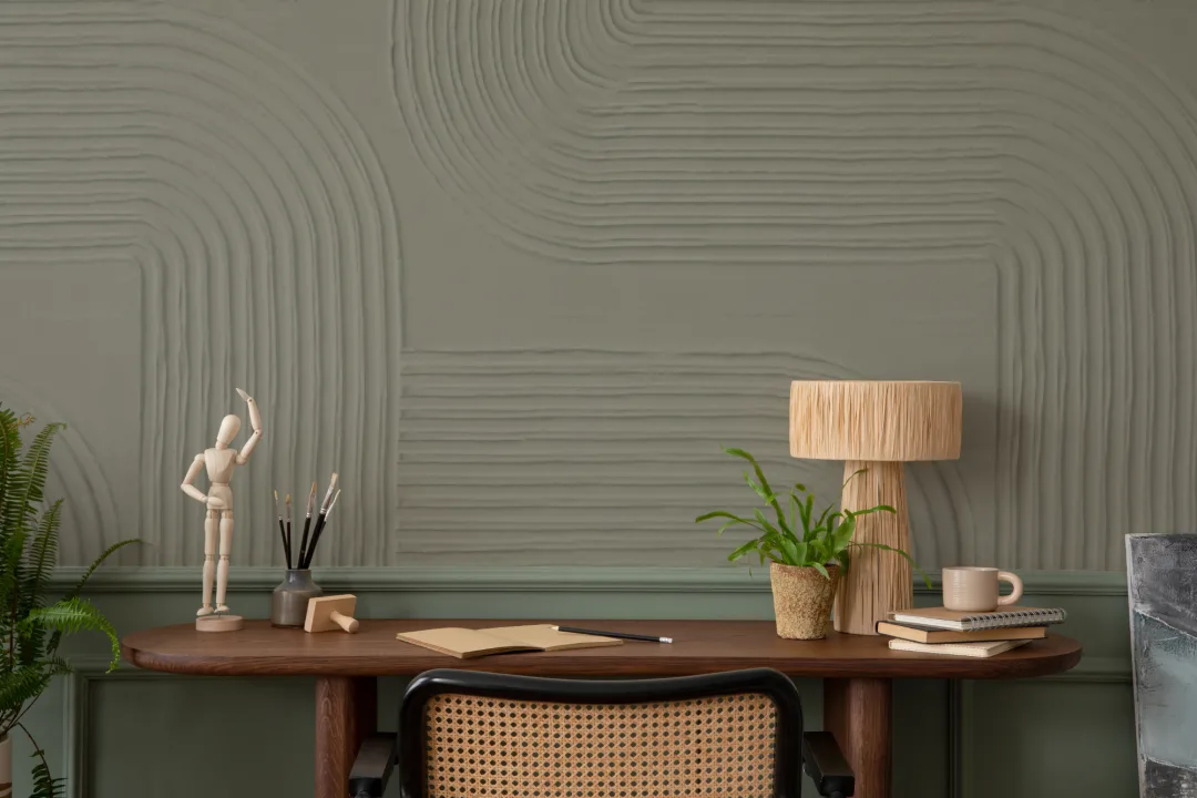 Murales de Papel Pintado de líneas curvas abstractas esculpidas en verde
