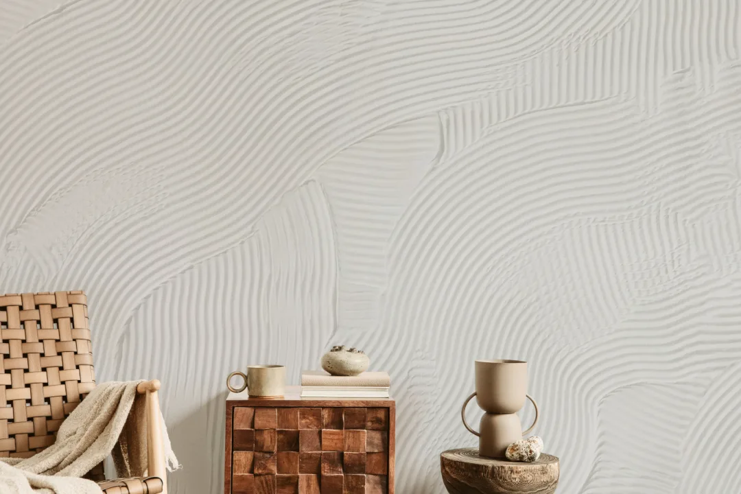 Beige skulpterad abstrakt överlappande linjer mural-tapeter