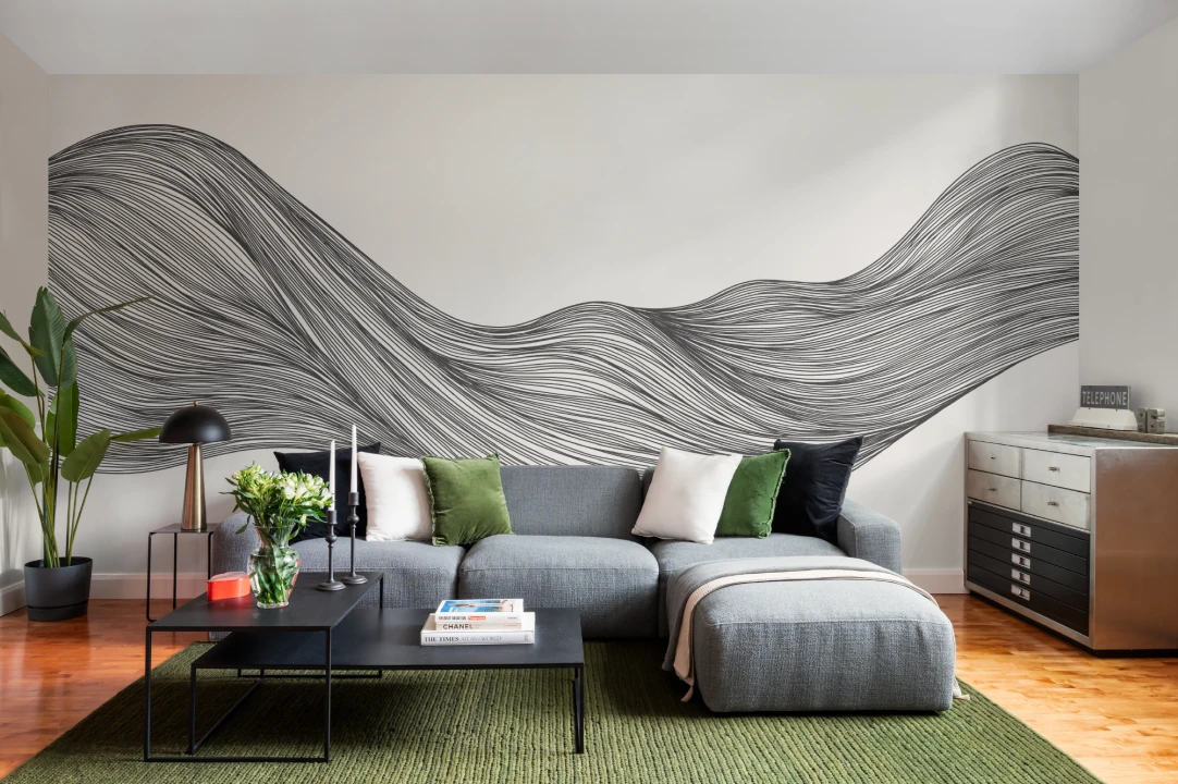 Monochrome Wavy Line Abstract Mural