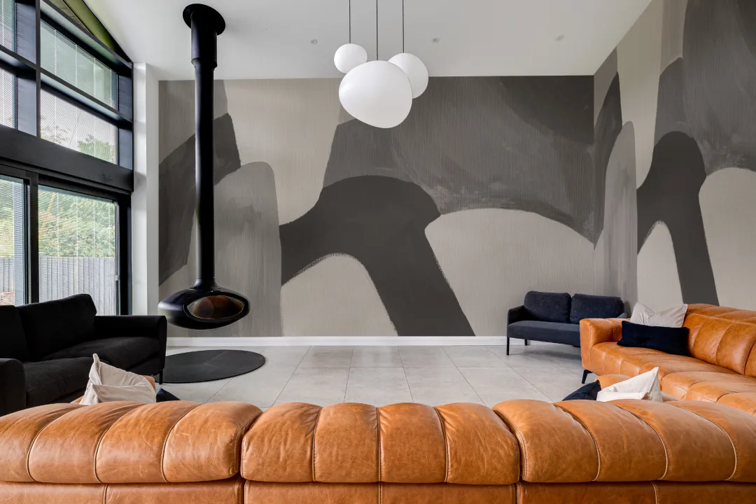Painted Abstract Shapes Mural in Charcoal and Taupe