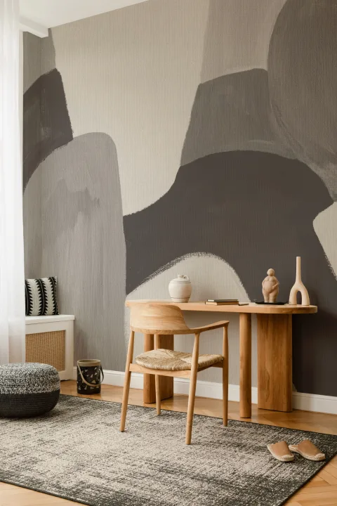 Målade abstrakta former Mural-tapeter i kol och taupe