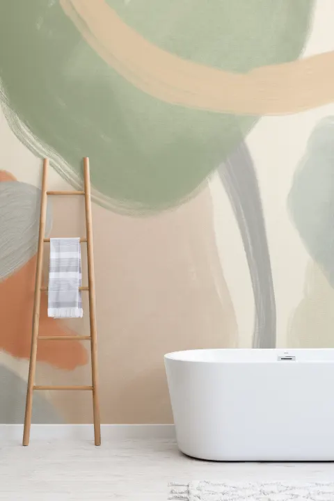 Mural de formas abstractas orgánicas en suaves tonos beige