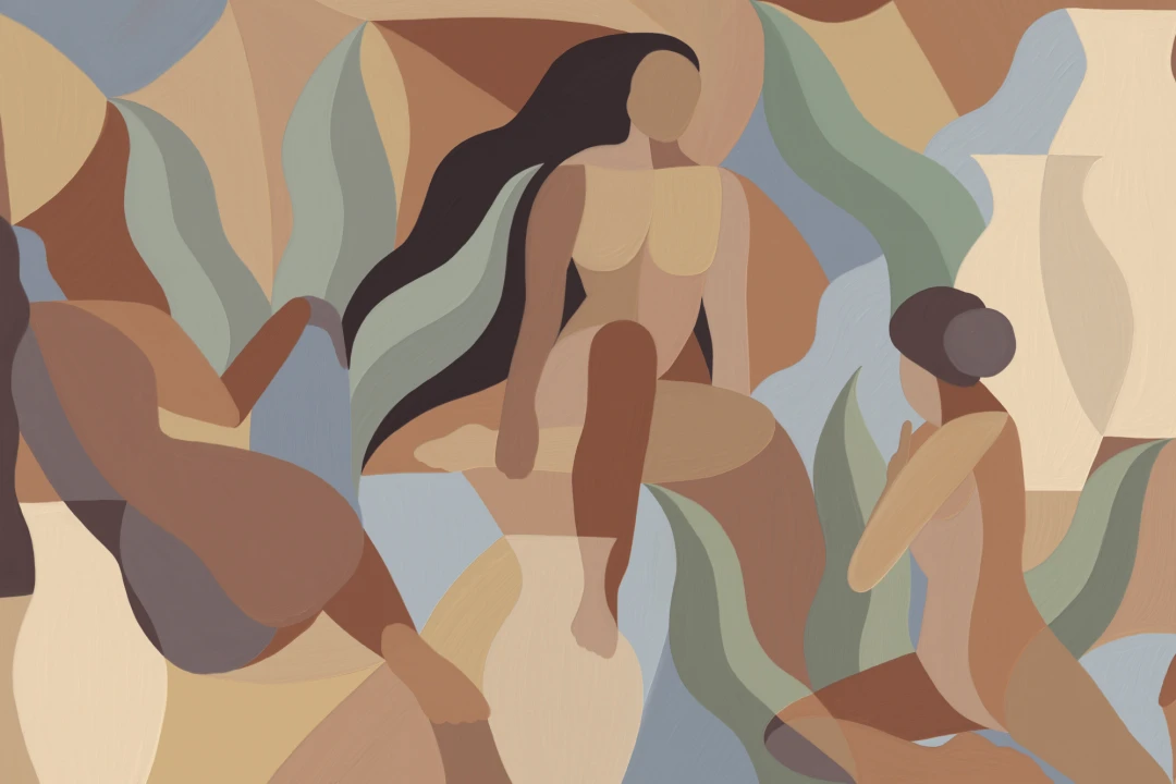 Mural de papel pintado a mano con formas femeninas en cálidos tonos tierra