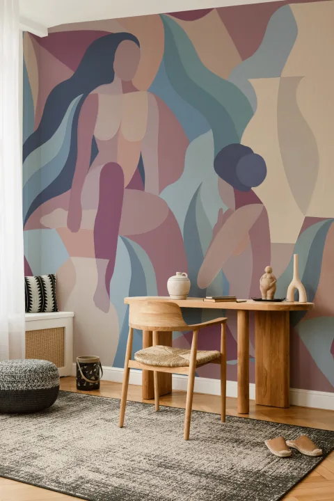 Mural de papel pintado a mano con formas femeninas en malva y azul