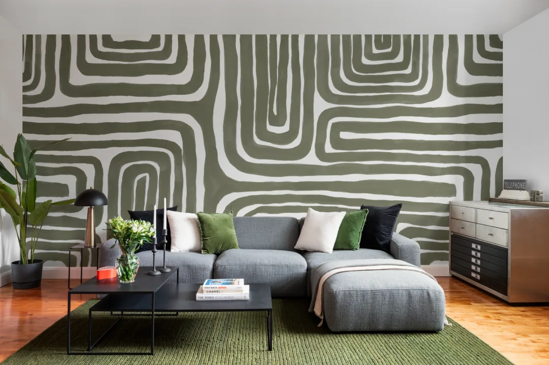Hand Painted Maze Pattern Modern Geometric Mural in Olive Green