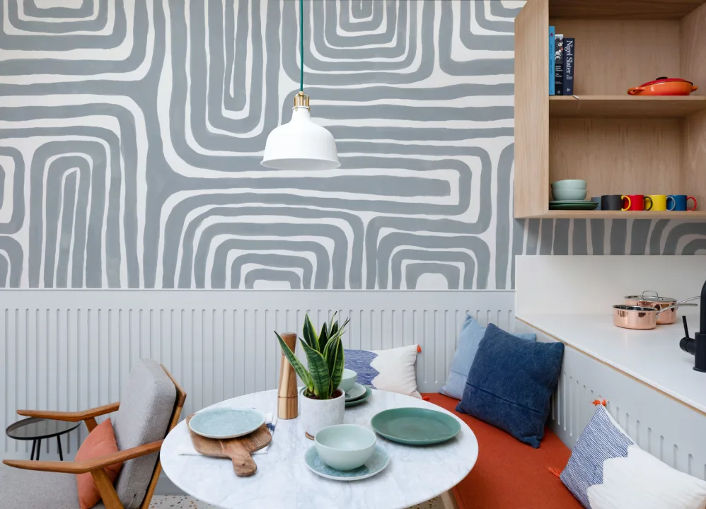 Hand Painted Maze Pattern Modern Geometric Mural in Powder Blue