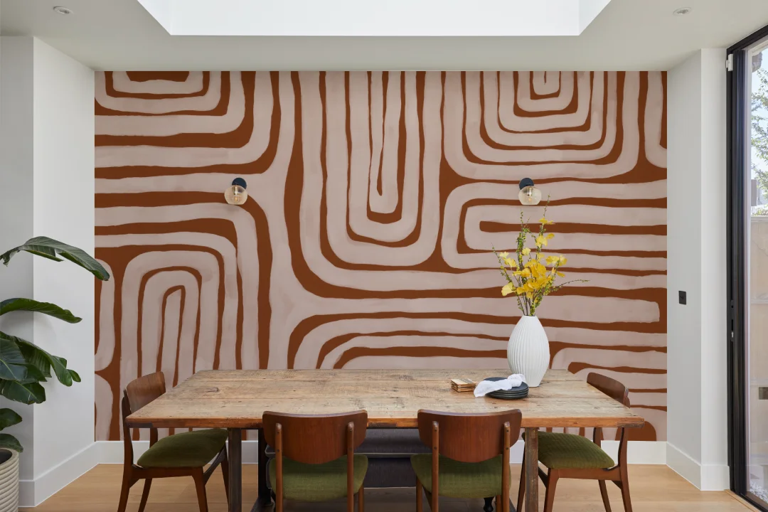 Hand Painted Maze Geometric Mural in Terracotta