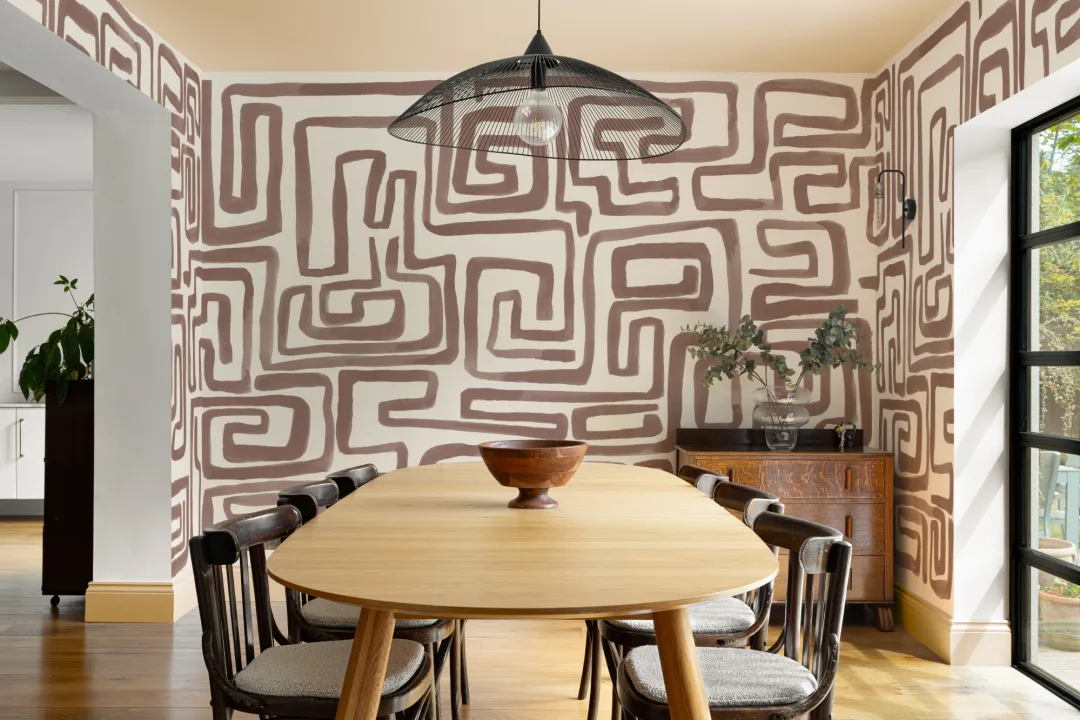 Hand-Painted Maze Pattern Mural in Brown
