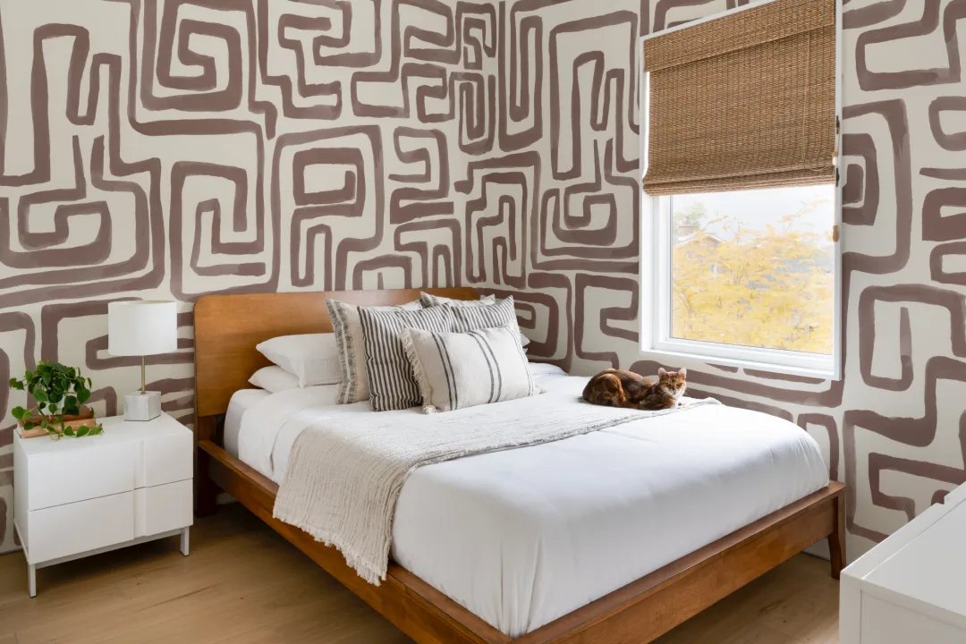 Hand-Painted Maze Pattern Mural in Brown