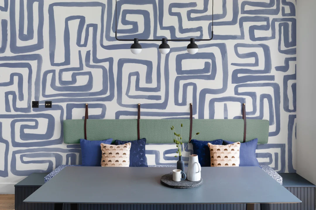 Hand-Painted Maze Pattern Mural in Blue