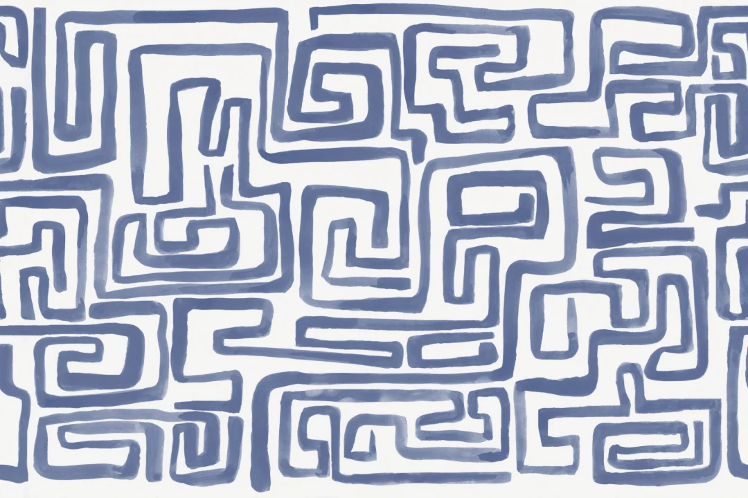 Hand-Painted Maze Pattern Mural in Blue