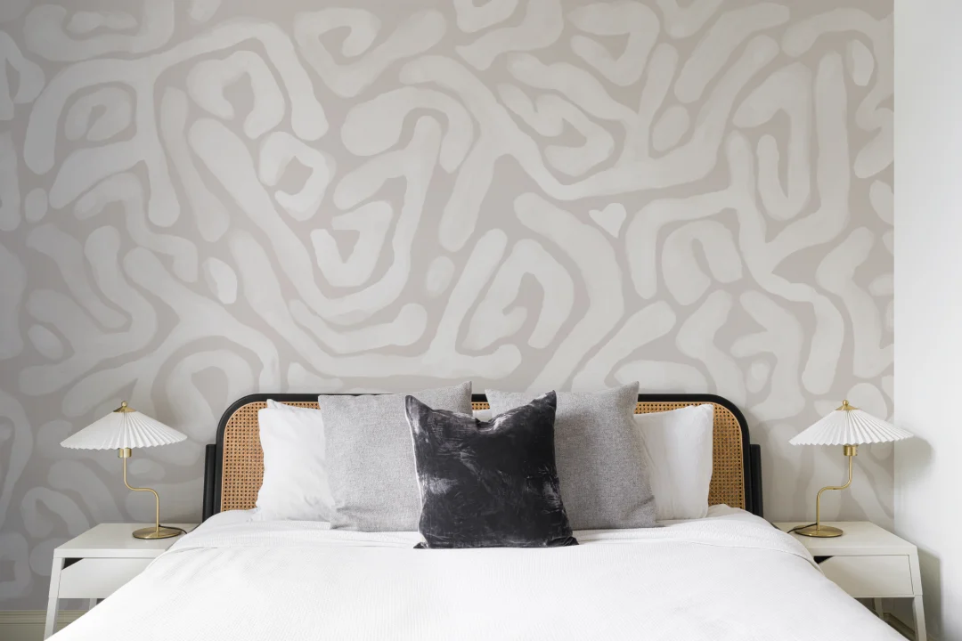 Hand-Painted Organic Flow Pattern Mural in Beige