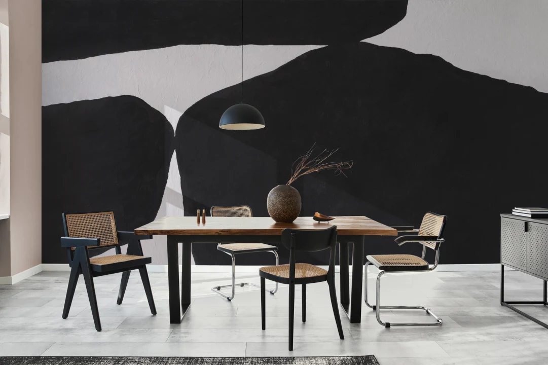 Fet, minimal, abstrakte former fototapet i svart med strukturert gipseffekt