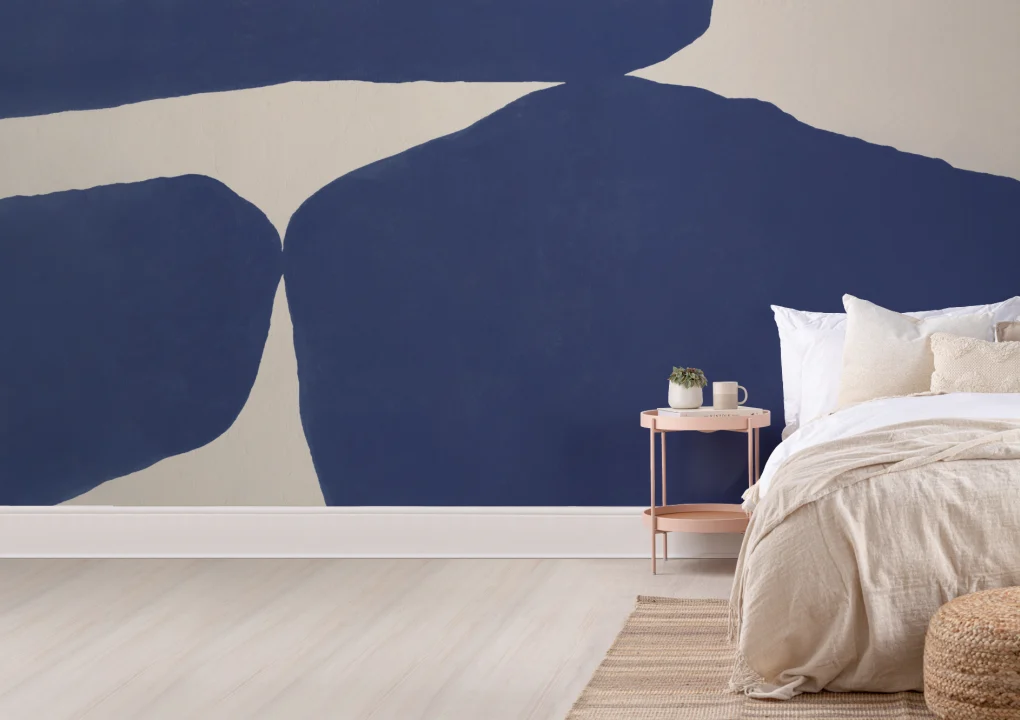 Rohkea minimalistinen abstrakteja muotoja kuvatapetti sininen kuvioitu kipsi vaikutus