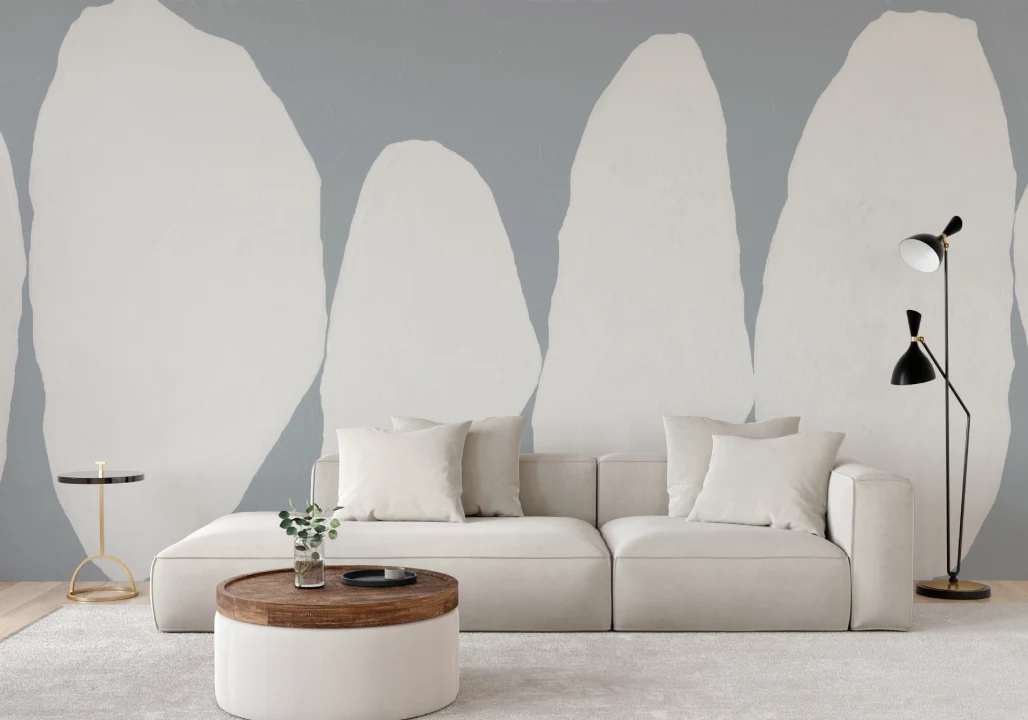Hand-Painted Organic Form Mural in Cool Blue with Textured Plaster Finish