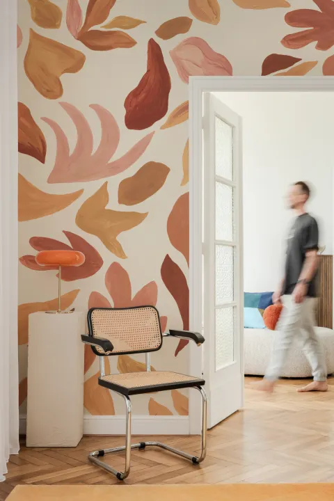 Terrakotta abstrakt bladmönster multifärgad mural-tapeter