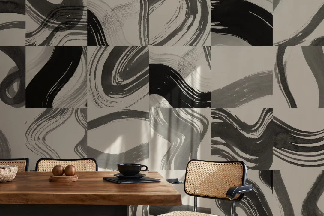 Black Tiled Abstract Ink Shapes Mural